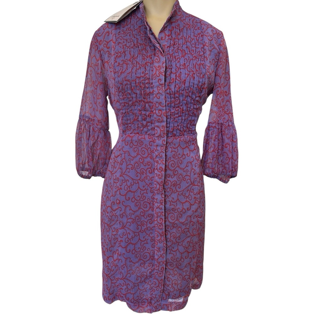 Almatrichi Mandarin Collar Dress Size 36 US 6 Pleated Front Purple Red Swirl NWT